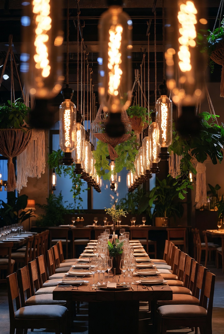 Shareo — luminaires Edison, végétation suspendue, salle festive