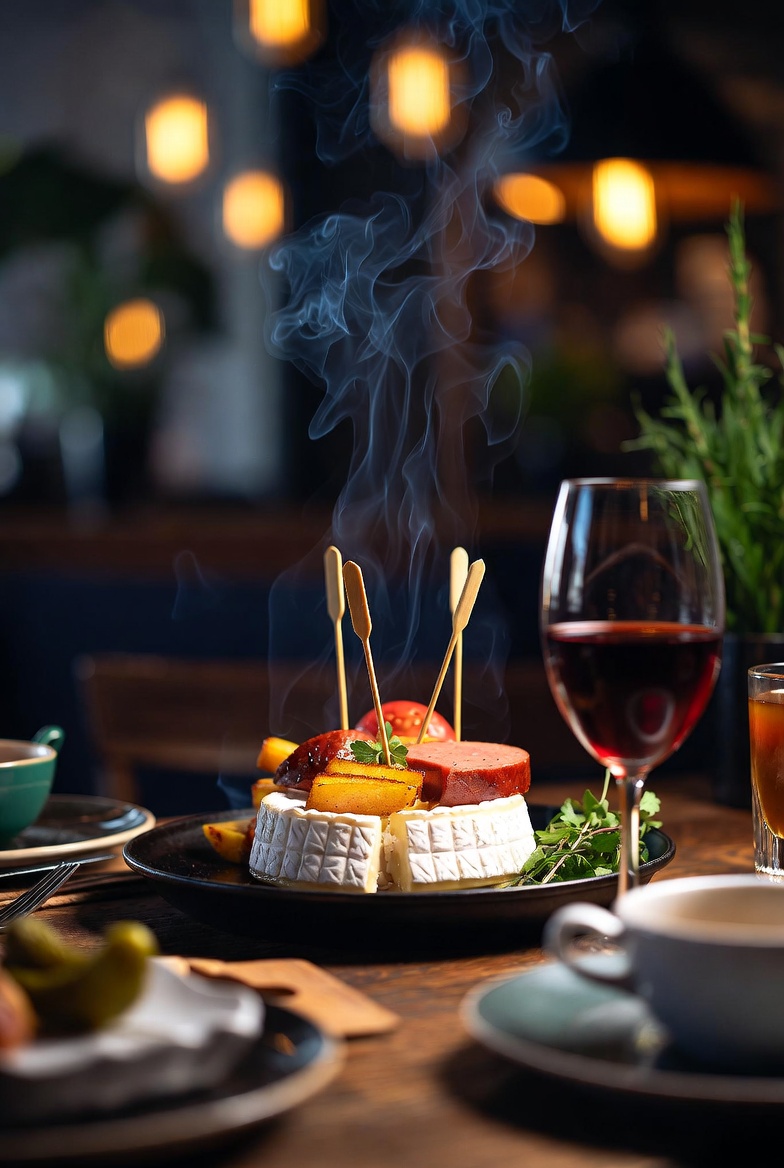 Camembert grillé fumant et verre de vin rouge