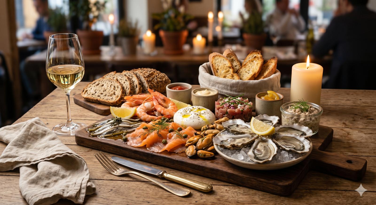 Planche De la Mer — huîtres, saumon, crevettes